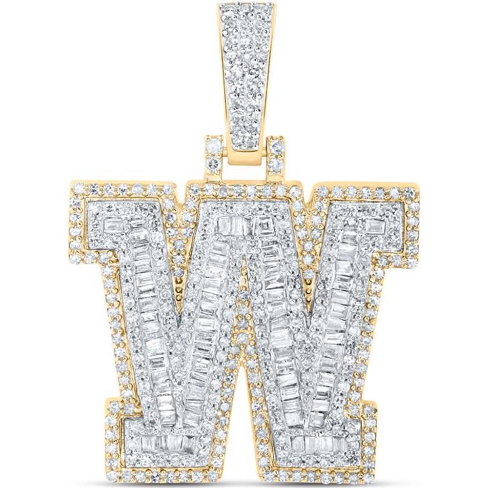 10K Yellow Gold "W" Initial Letter Pendant with Baguette and Round Diamonds - 1 Carat Total Diamond Weight