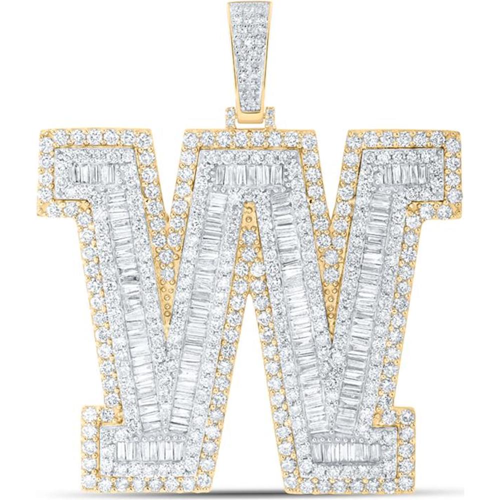 10K Yellow Gold W Initial Pendant with Channel-Set Baguette and Prong-Set Round Diamonds - 9.33 Carat Total Diamond Weight