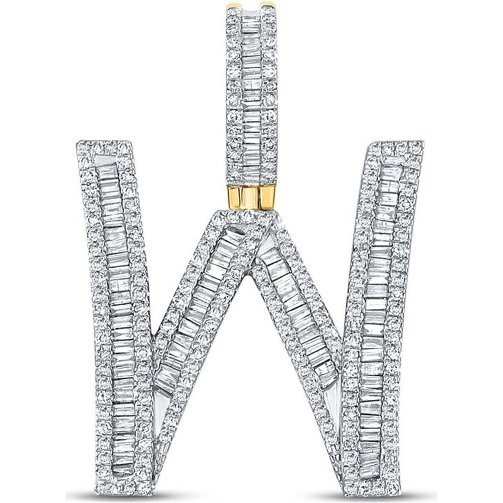 10K Yellow Gold "W" Initial Pendant with Channel-Set Baguette Diamonds and Prong-Set Round Diamonds - 1.00 Carat Total Diamond Weight