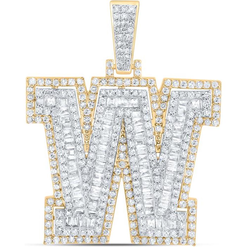 10K Yellow Gold "W" Initial Pendant with Prong-Set Round Diamonds 0.87 Carat and Channel-Set Baguette Diamonds 0.56 Carat - 1.43 Carat Total Diamond Weight