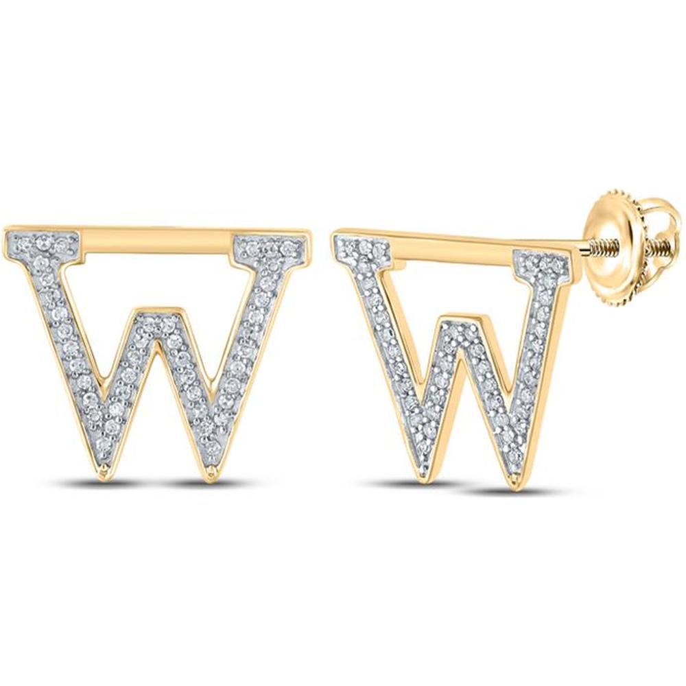 10K Yellow Gold "W" Initial Stud Earrings with Prong-Set Round Diamonds - 1/6 Carat Total Diamond Weight