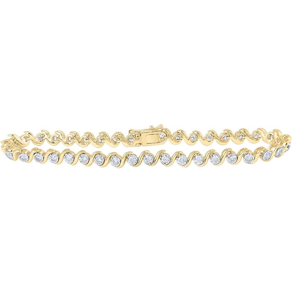 10K Yellow Gold Wave Design Tennis Bracelet with Channel-Set Round Diamonds - 1.50 Carat Total Diamond Weight