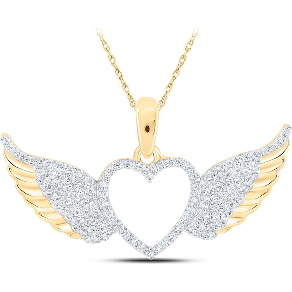 10K Yellow Gold Winged Heart Pendant with Prong-Set Round Diamonds - 1/4 Carat Total Diamond Weight