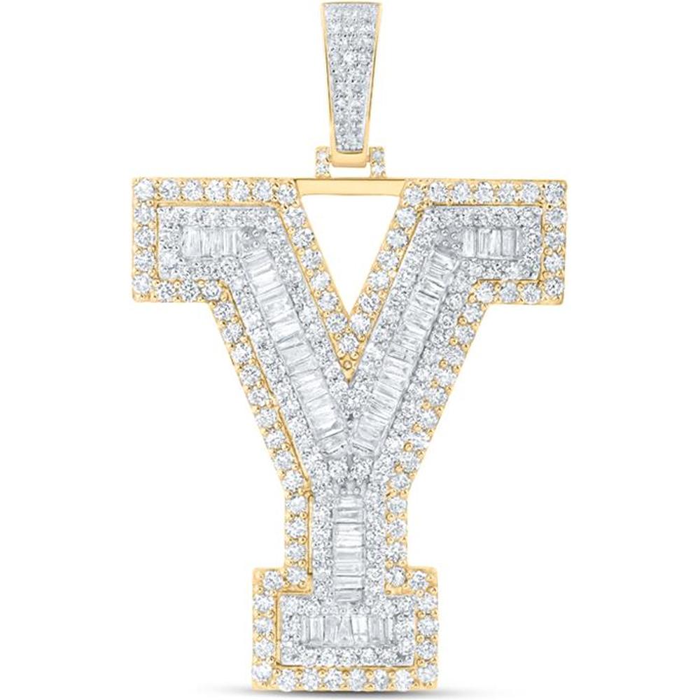 10K Yellow Gold Y Initial Pendant with Channel-Set Baguette and Prong-Set Round Diamonds - 6.00 Carat Total Diamond Weight