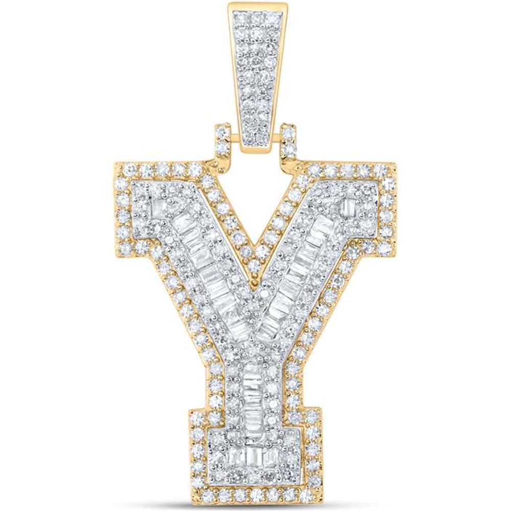 10K Yellow Gold Y Initial Pendant with Prong-Set Round Diamonds and Channel-Set Baguette Diamonds - 0.625 Carat Total Diamond Weight