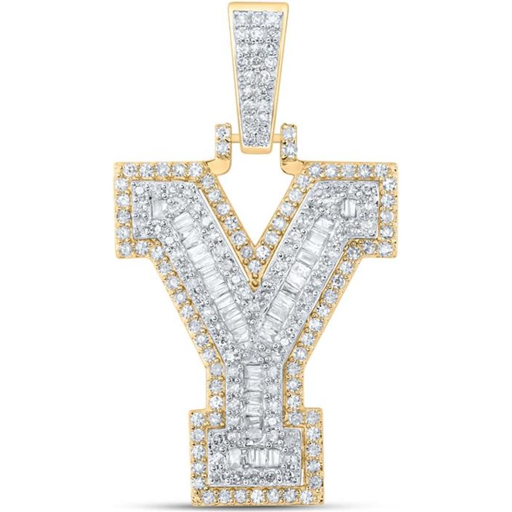 10K Yellow Gold Y Initial Pendant with Round and Baguette Diamonds - 0.86 Carat Total Diamond Weight