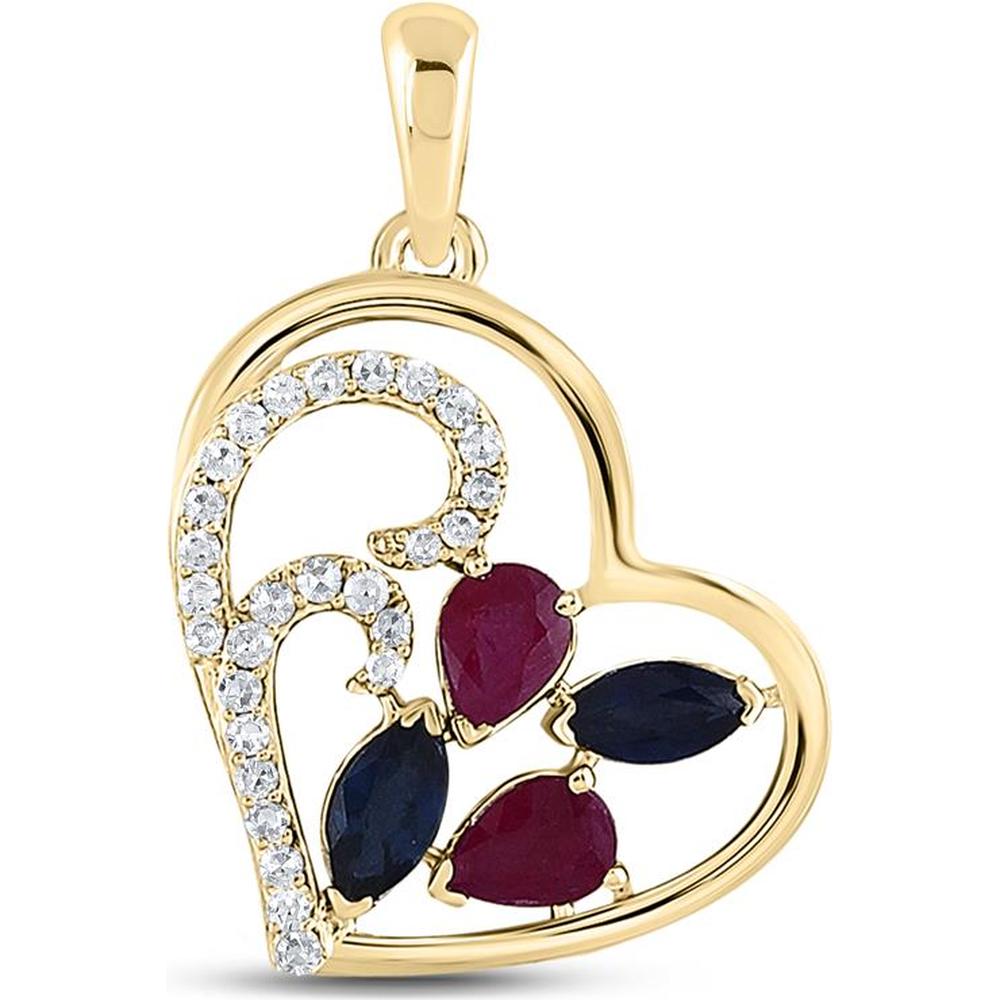 10Kt Yellow Gold Pear Ruby, Blue Sapphire & Diamond Heart Pendant - 1 Carat Total Weight