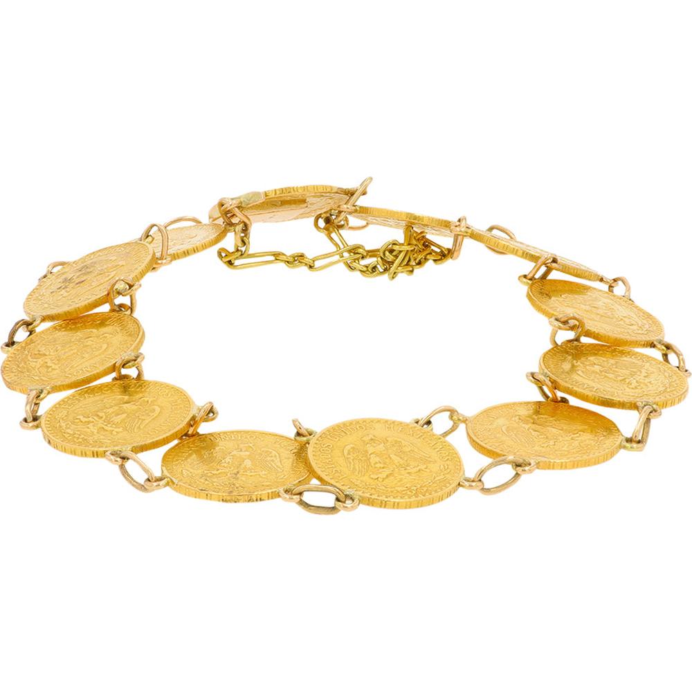 14K & 21K Yellow Gold 7" Mexican Pesos Station Bracelet - 22.3 Grams Total Weight