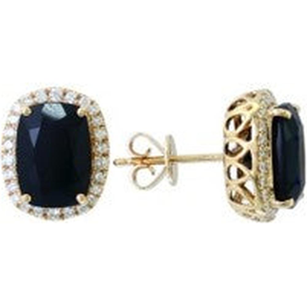 14K EFFY Yellow Gold Cushion - Shape Black Onyx Diamond Halo Stud Earrings with Round Diamonds - 4.60 Carat Total Black Onyx Weight, 0.31 Carat Total Diamond Weight