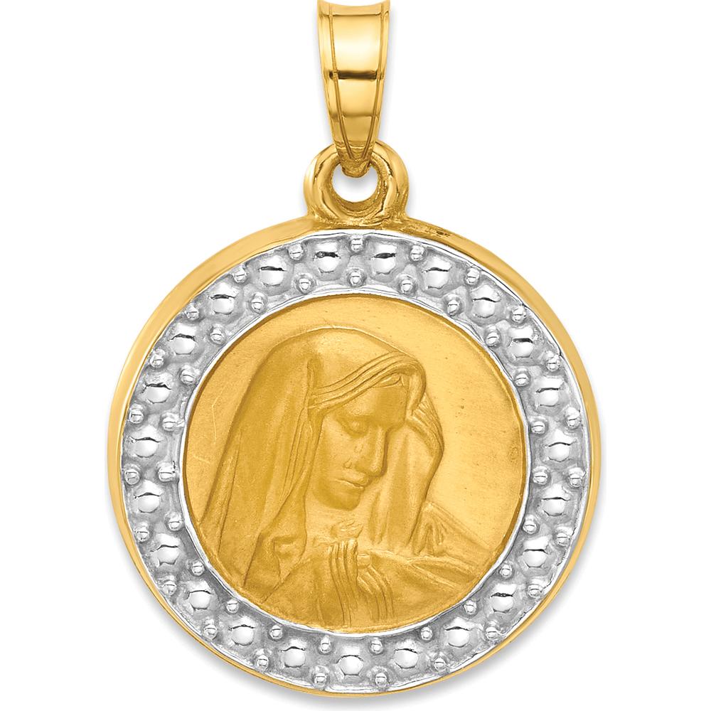 14K Gold and Rhodium Polished and Satin Our Lady of Sorrows Medal Pendant - Hollow Design 16.2mm by Oro Pregiato
