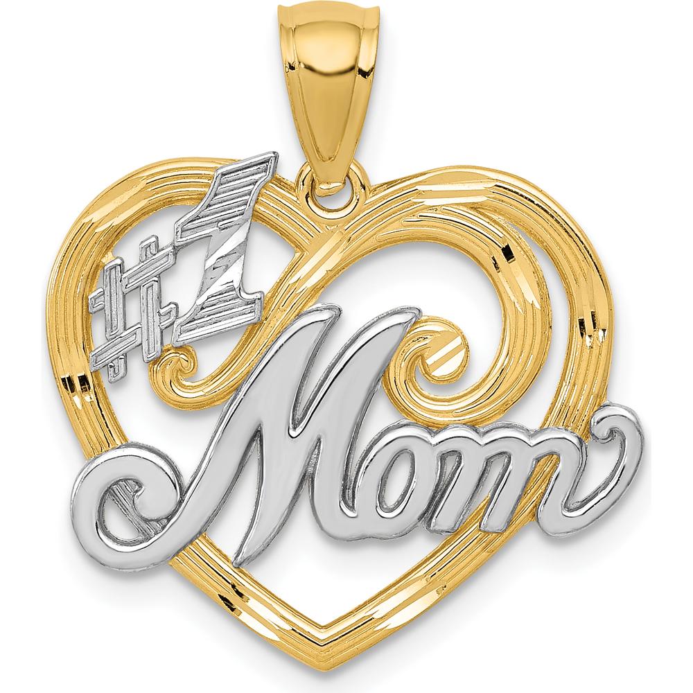 14K Gold and White Rhodium #1 Mom Heart Pendant - 22mm Length - Solid Gold Charm by Oro Pregiato