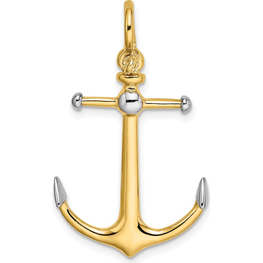 14K Gold and White Rhodium 3D Anchor Pendant with Long T-Bar and Shackle Bail - 34.4mm Length by Oro Pregiato