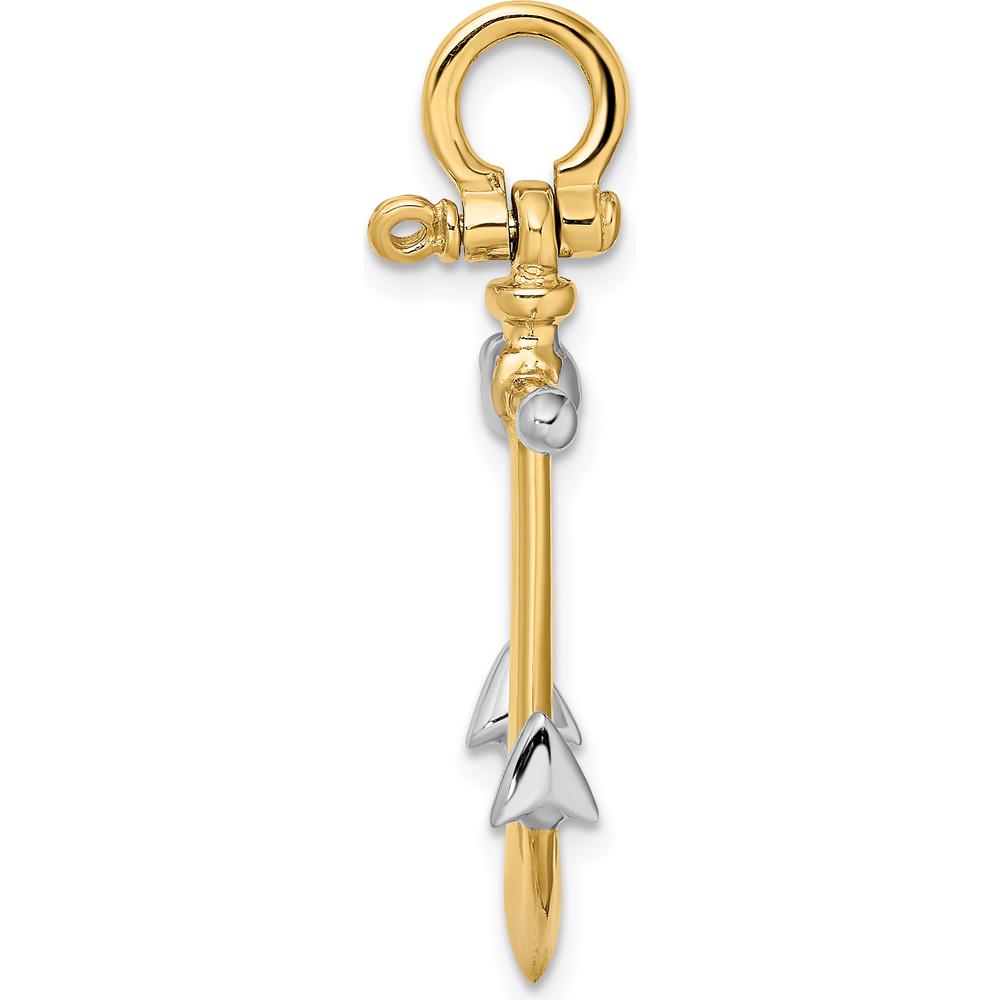 14K Gold and White Rhodium 3D Anchor Pendant with Long T-Bar and Shackle Bail - 34.4mm Length by Oro Pregiato