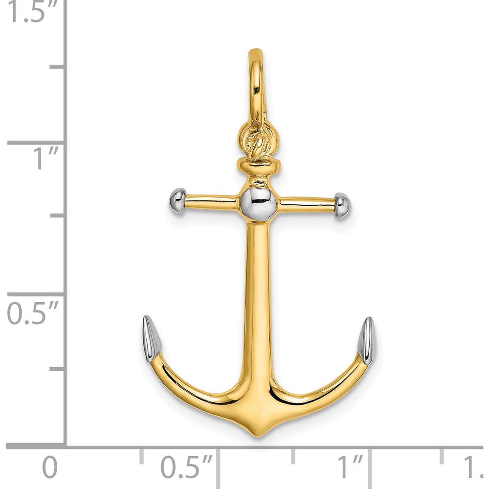 14K Gold and White Rhodium 3D Anchor Pendant with Long T-Bar and Shackle Bail - 34.4mm Length by Oro Pregiato
