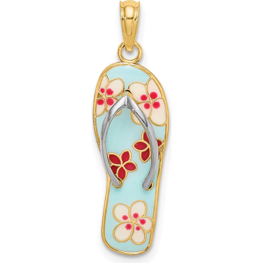 14K Gold and White Rhodium 3D Enameled Fuchsia and White Flowers Flip-Flop Charm - 27.95mm Length by Oro Pregiato