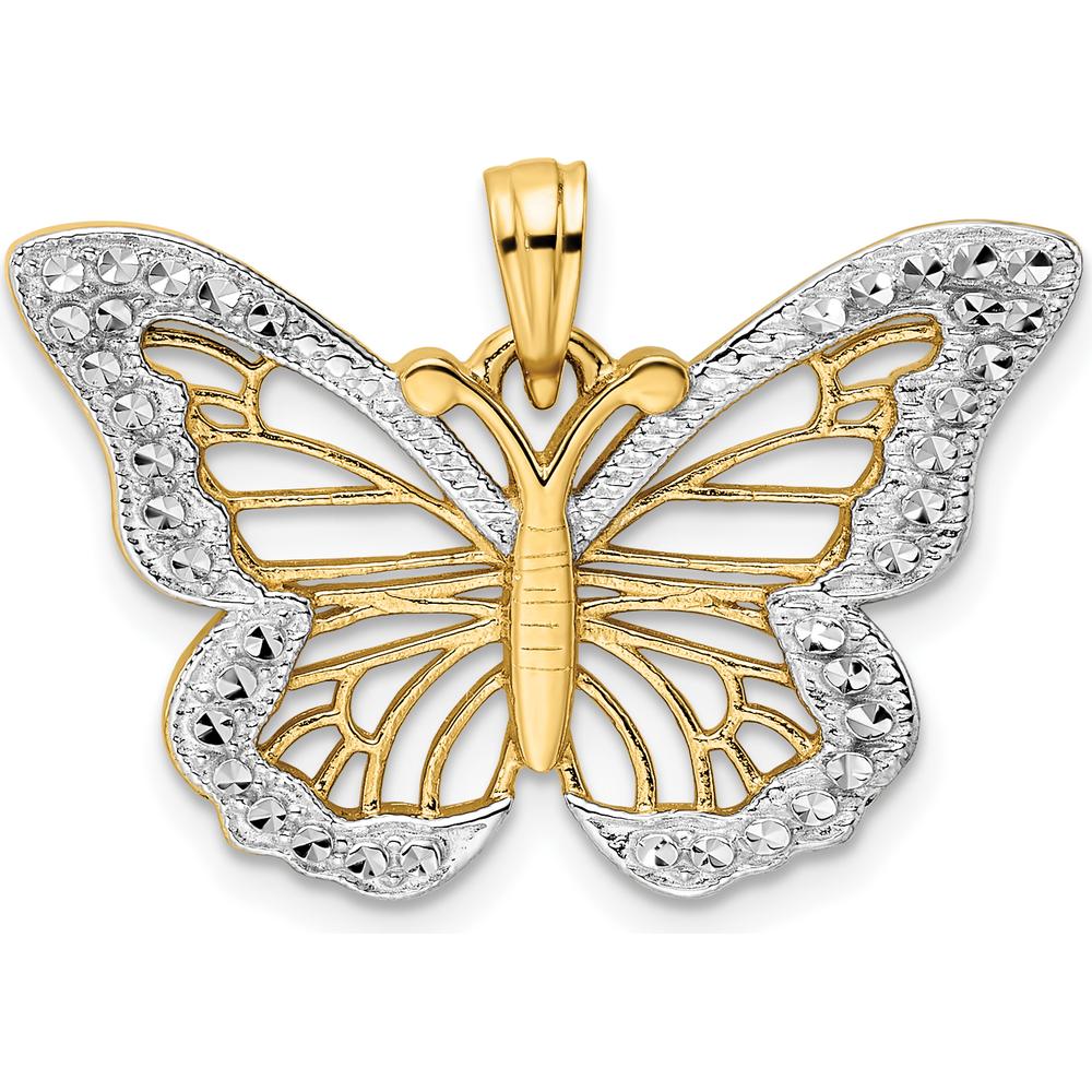 14K Gold and White Rhodium Diamond-Cut Butterfly Pendant with Open-Back Profile - Fine Jewelry by Oro Pregiato