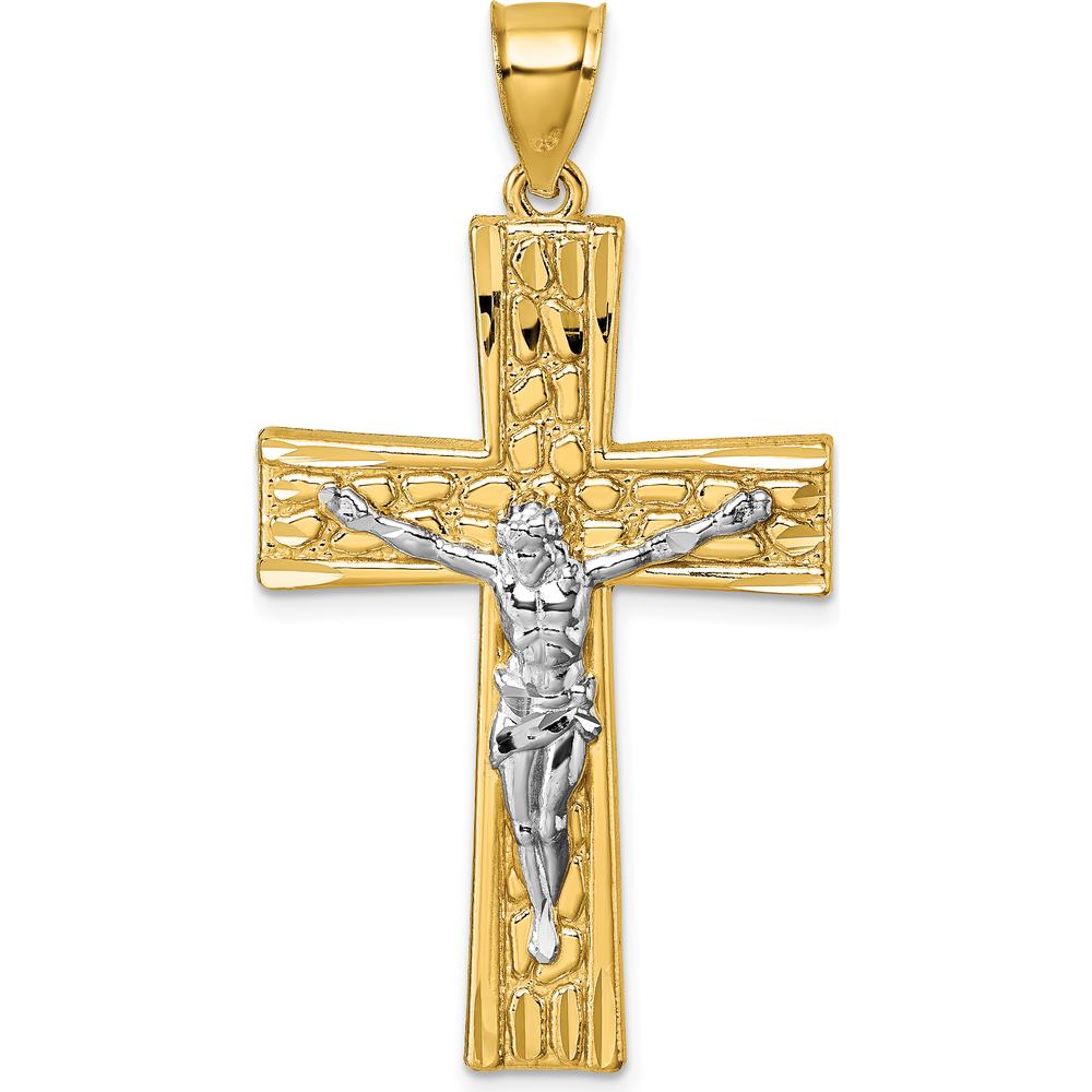14K Gold and White Rhodium Polished Diamond-cut Nugget Crucifix Pendant - Faith Symbol with Jesus Figure by Oro Pregiato