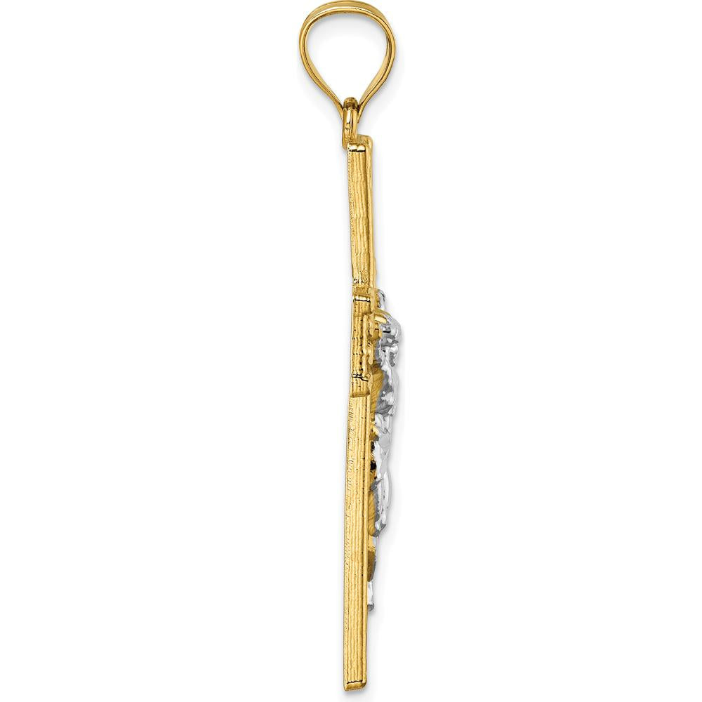 14K Gold and White Rhodium Polished Diamond-cut Nugget Crucifix Pendant - Faith Symbol with Jesus Figure by Oro Pregiato