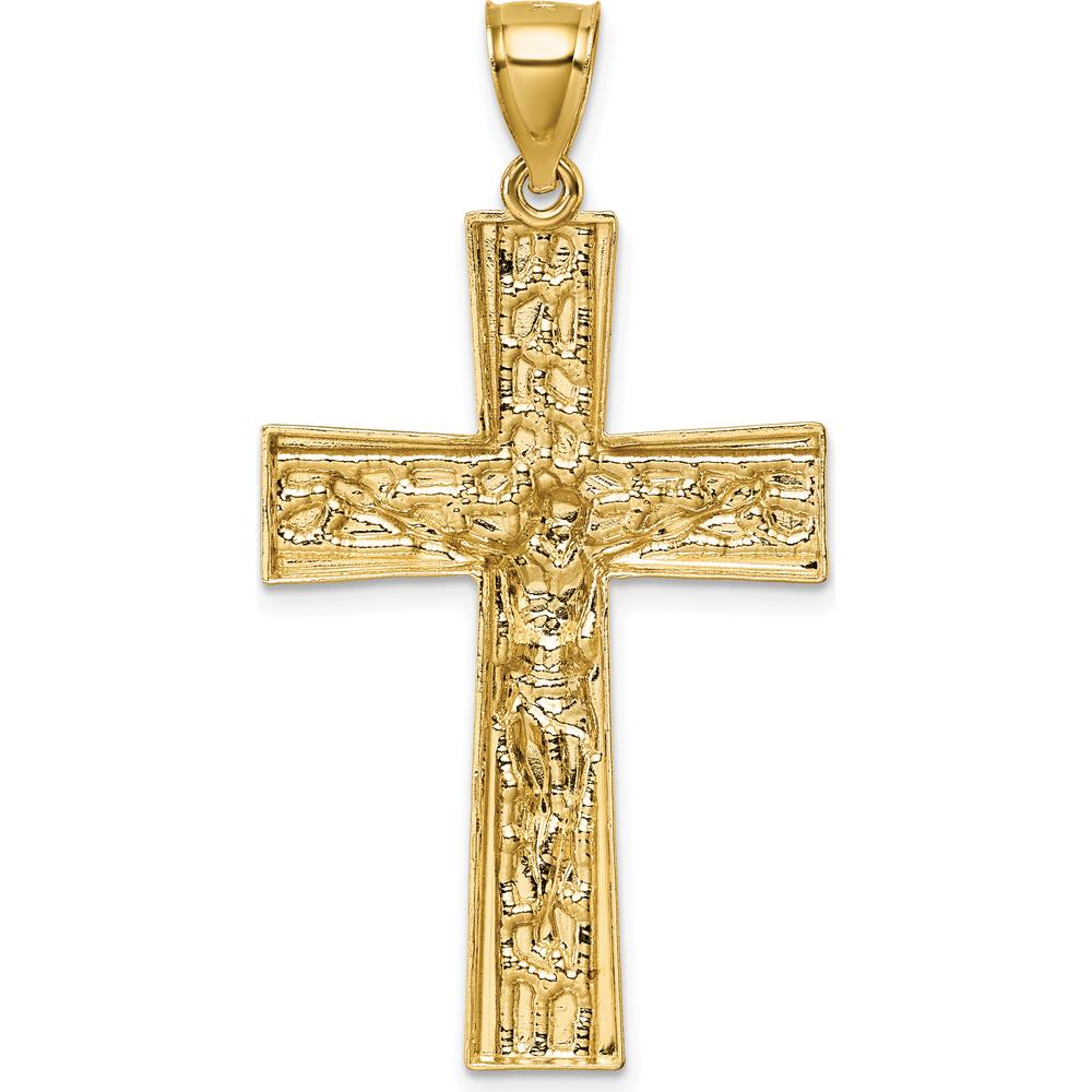 14K Gold and White Rhodium Polished Diamond-cut Nugget Crucifix Pendant - Faith Symbol with Jesus Figure by Oro Pregiato
