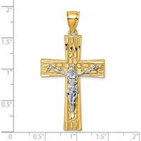 14K Gold and White Rhodium Polished Diamond-cut Nugget Crucifix Pendant - Faith Symbol with Jesus Figure by Oro Pregiato