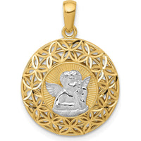 14K Gold and White Rhodium Polished Filigree Guardian Angel Pendant with 3D Design by Oro Pregiato