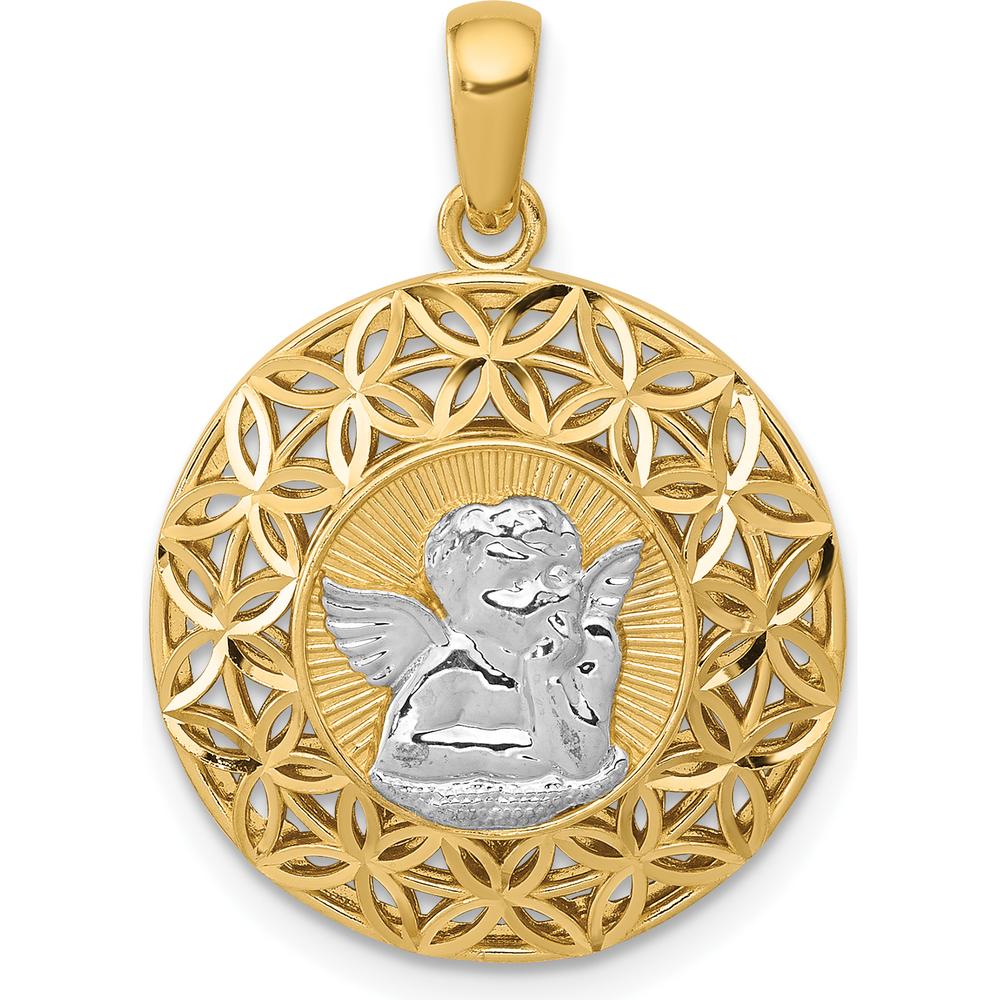 14K Gold and White Rhodium Polished Filigree Guardian Angel Pendant with 3D Design by Oro Pregiato