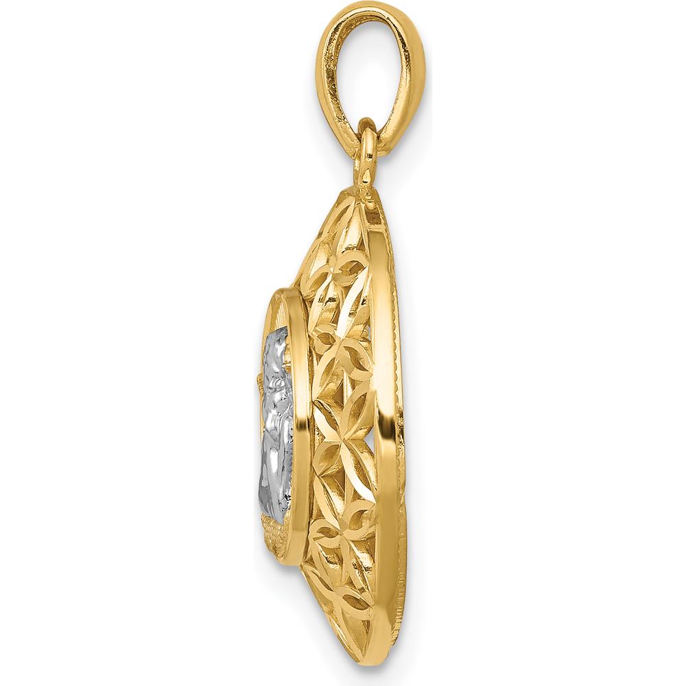 14K Gold and White Rhodium Polished Filigree Guardian Angel Pendant with 3D Design by Oro Pregiato