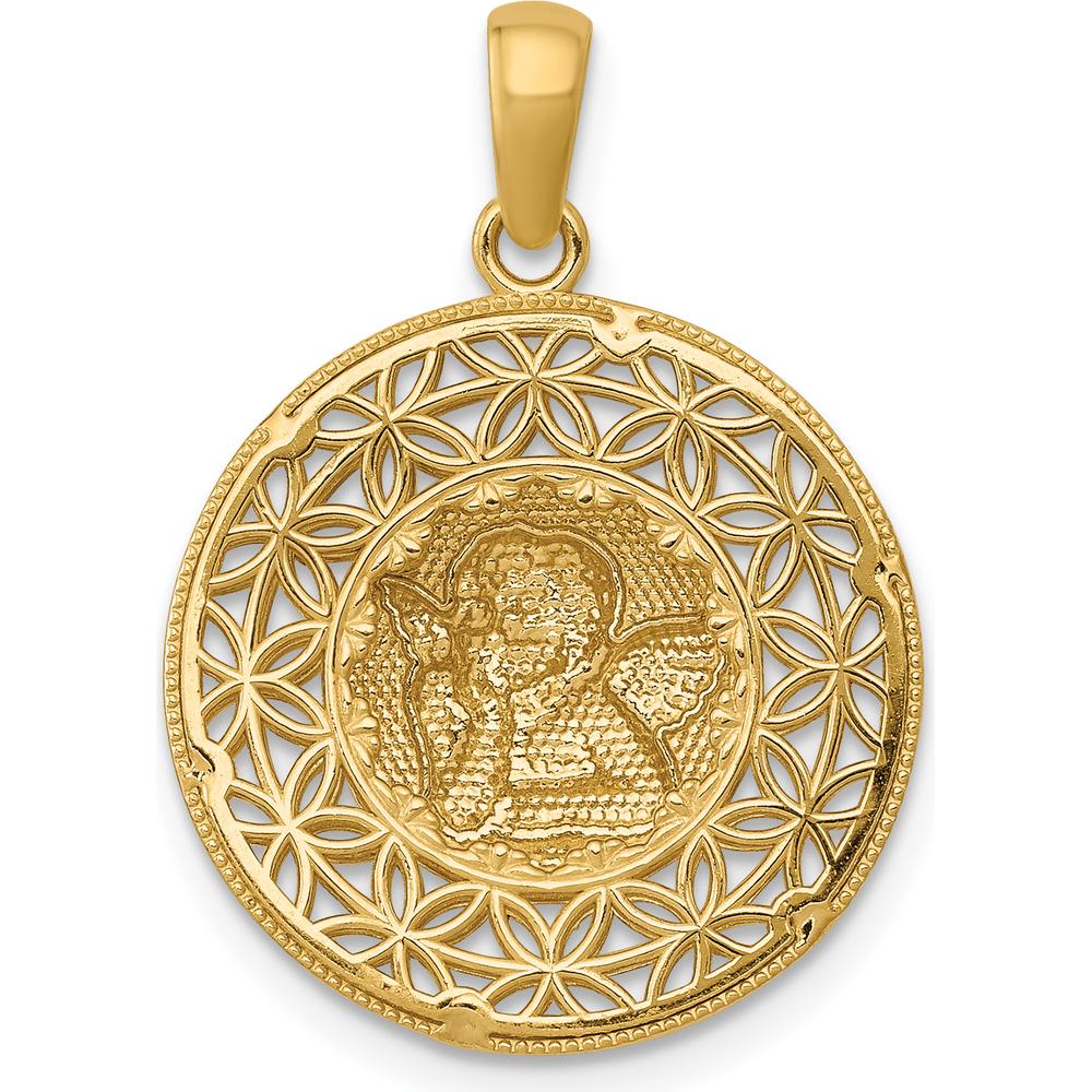 14K Gold and White Rhodium Polished Filigree Guardian Angel Pendant with 3D Design by Oro Pregiato