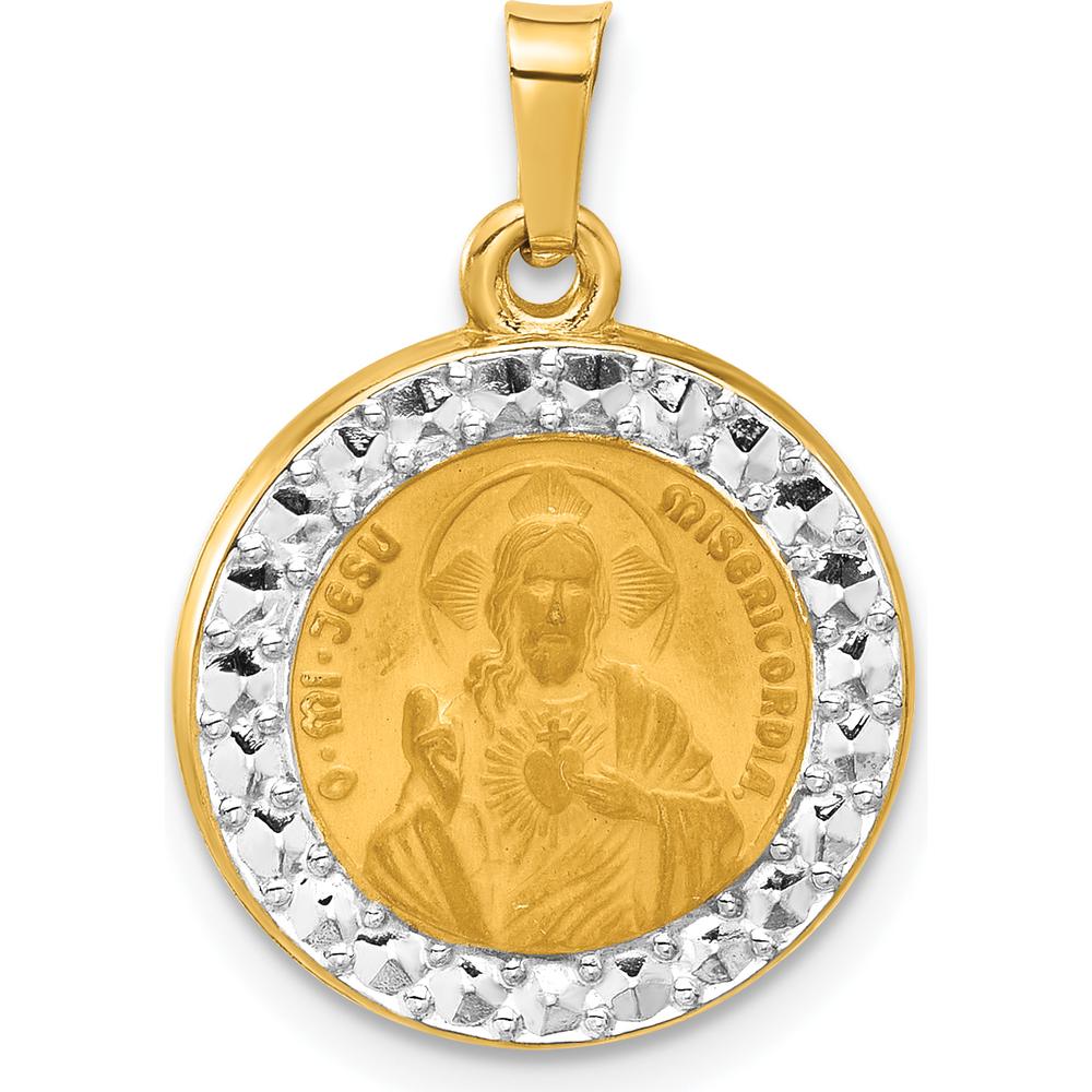 14K Gold and White Rhodium Sacred Heart of Jesus Medal Round Pendant - Faith-Inspired Hollow Design by Oro Pregiato