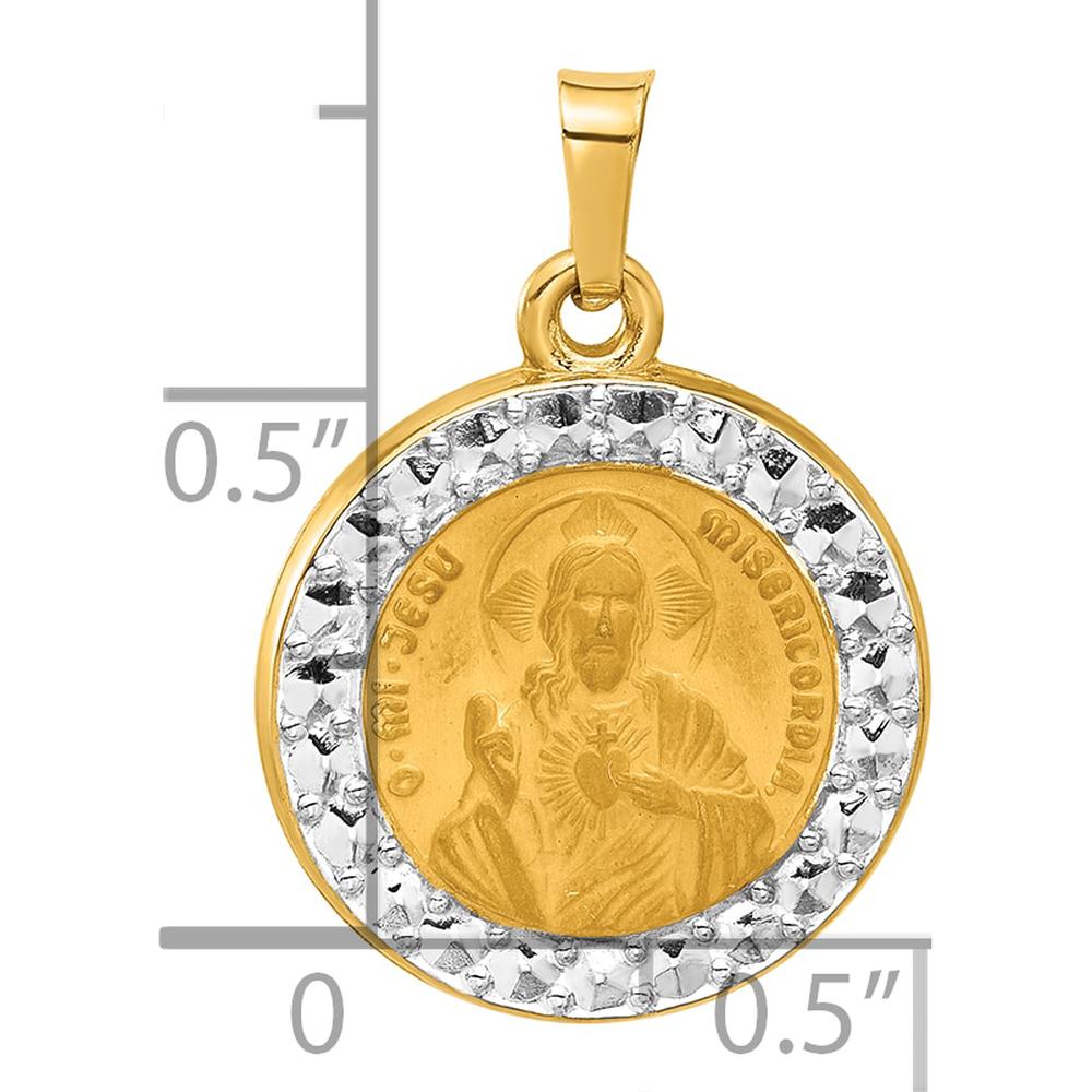 14K Gold and White Rhodium Sacred Heart of Jesus Medal Round Pendant - Faith-Inspired Hollow Design by Oro Pregiato