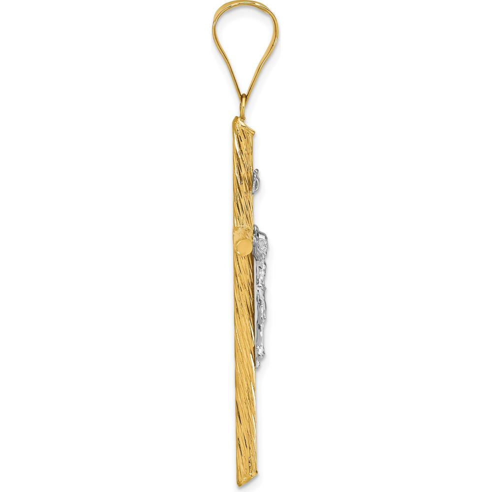 14K Gold and White Rhodium Textured INRI Crucifix Cross Pendant by Oro Pregiato
