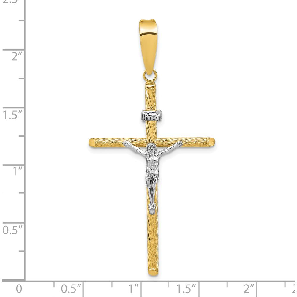 14K Gold and White Rhodium Textured INRI Crucifix Cross Pendant by Oro Pregiato
