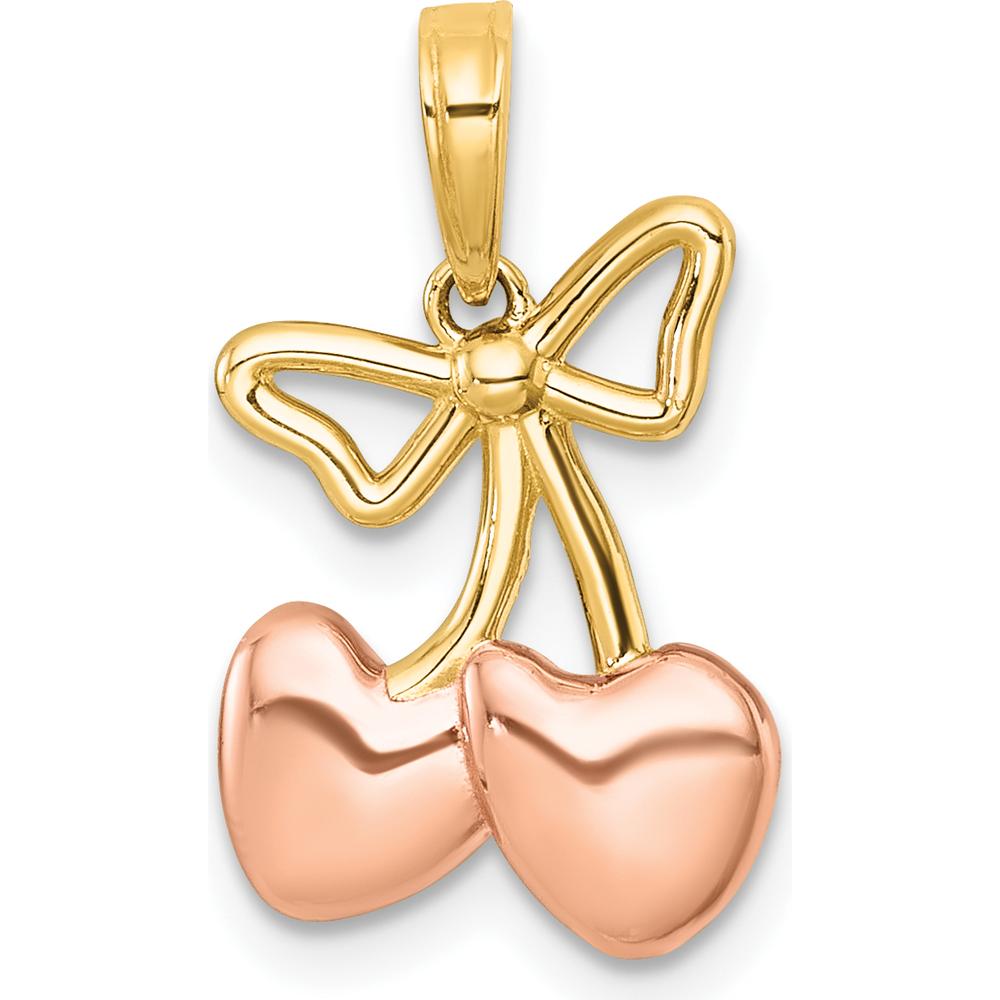 14K Gold Heart Cherries Charm with Rose-plating and White Rhodium - Polished Textured Finish by Oro Pregiato