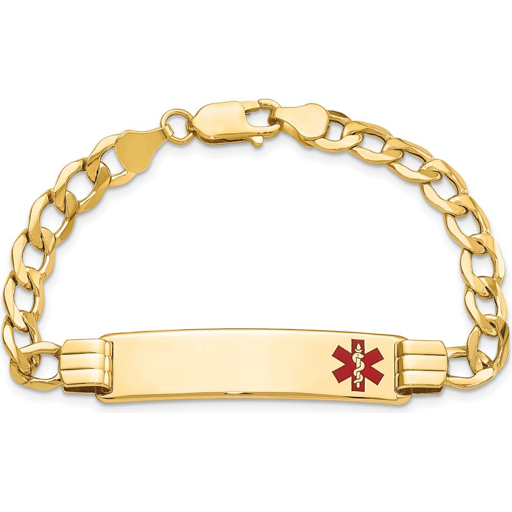 14K Gold Medical Alert Bracelet with Off-Center Red Enamel Charm - 8" Curb Link Design by Oro Pregiato