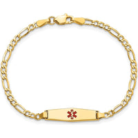 14K Gold Medical Alert Bracelet with Red Enamel Medical Symbol - 6-inch Figaro Link for Children by Oro Pregiato