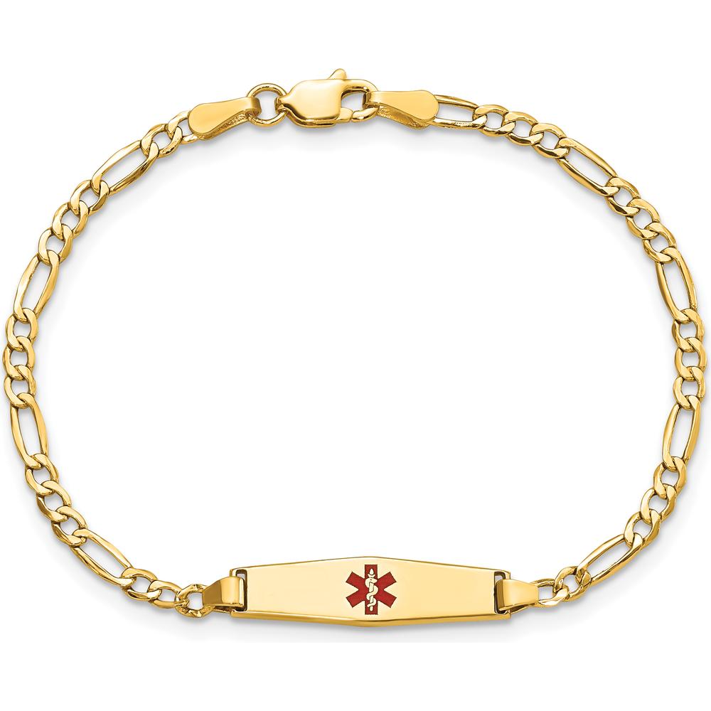 14K Gold Medical Alert Bracelet with Red Enamel Medical Symbol - 6-inch Figaro Link for Children by Oro Pregiato