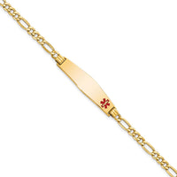 14K Gold Medical Bracelet with Red Enamel Medical Alert Charm and Figaro Link Chain - 8" Length by Oro Pregiato