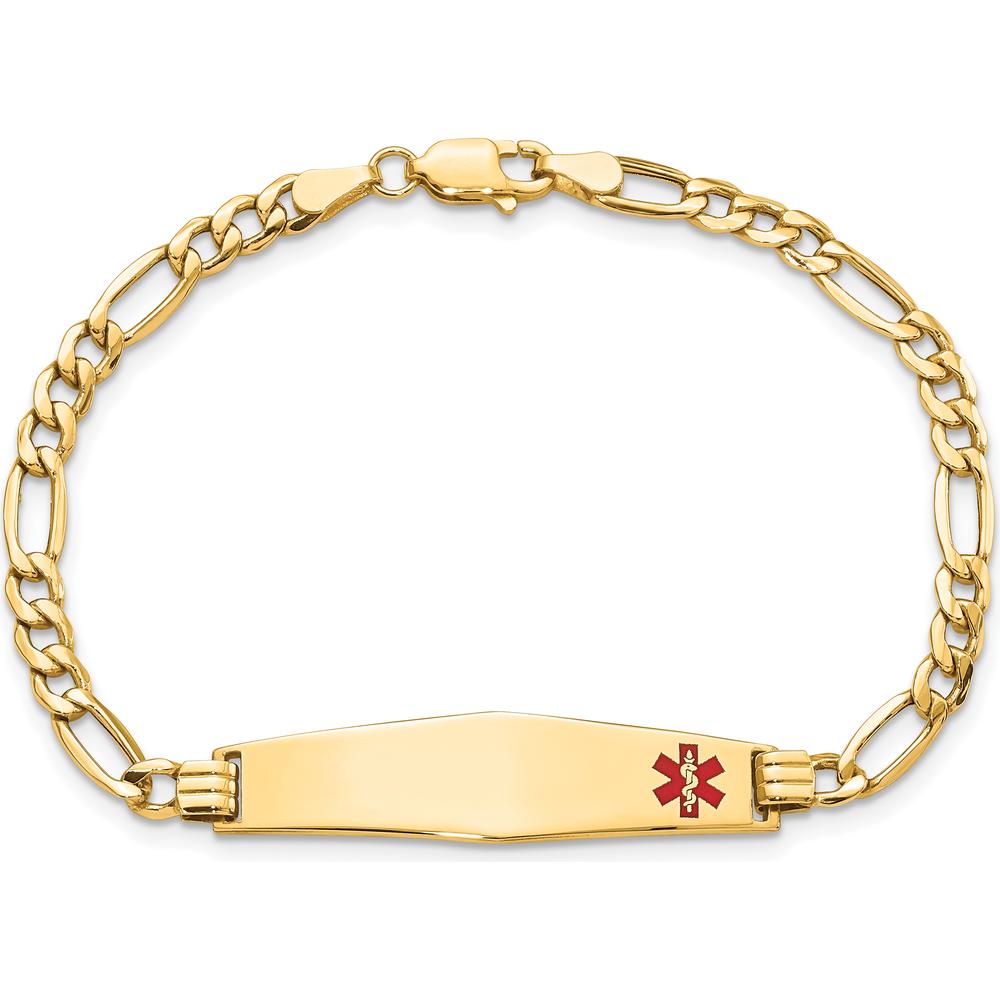 14K Gold Medical Bracelet with Red Enamel Medical Alert Charm and Figaro Link Chain - 8" Length by Oro Pregiato