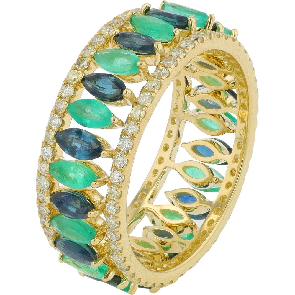 14K Gold Multicolor Emerald and Sapphire Separating Ring Set with Diamond Accents - 2.25 Carat Total Gemstone Weight