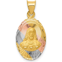 14K Gold Sagrado Corazon de Jesus Oval Pendant with Diamond-Cut Design and Rose & White Rhodium Accents by Oro Pregiato
