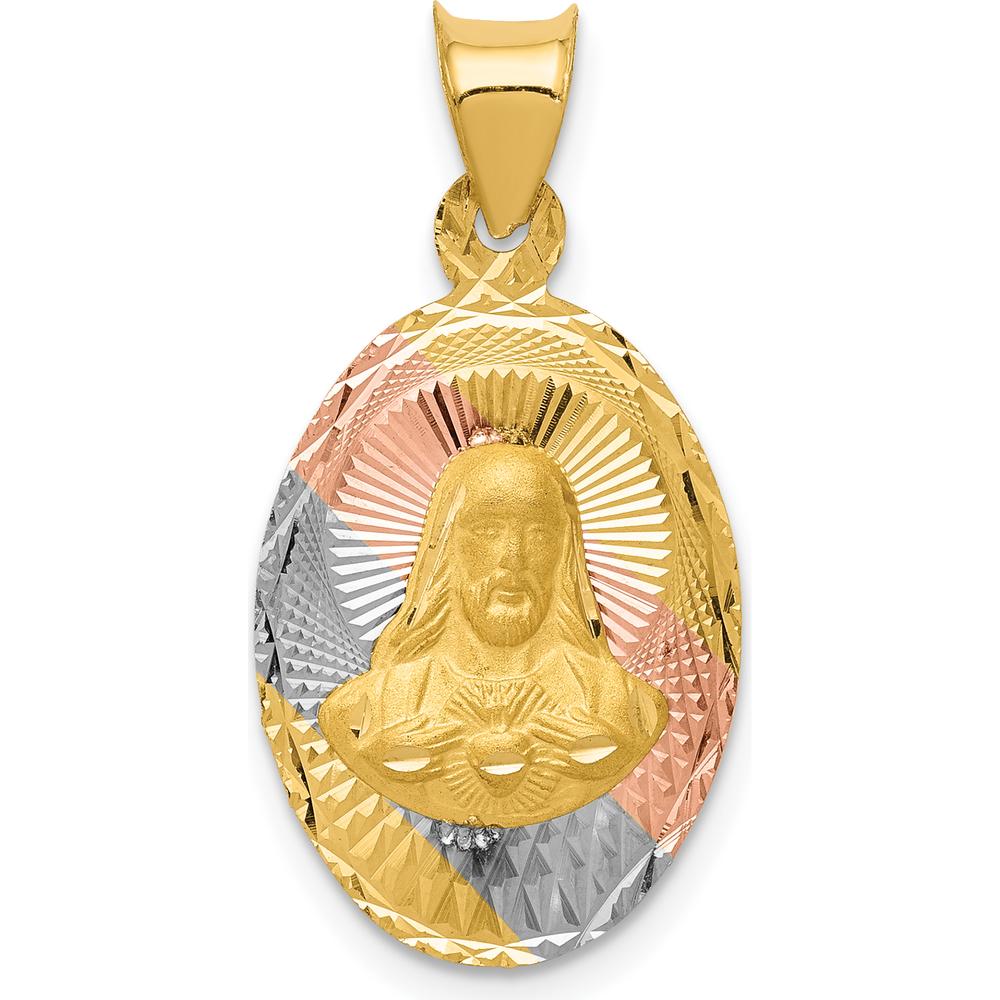 14K Gold Sagrado Corazon de Jesus Oval Pendant with Diamond-Cut Design and Rose & White Rhodium Accents by Oro Pregiato