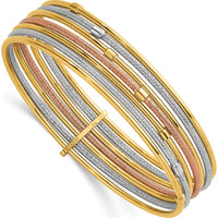 14K Gold Tri-Color 7-Strand Textured Bangle Bracelet with Rhodium and Rose-Tone Accents by Oro Pregiato