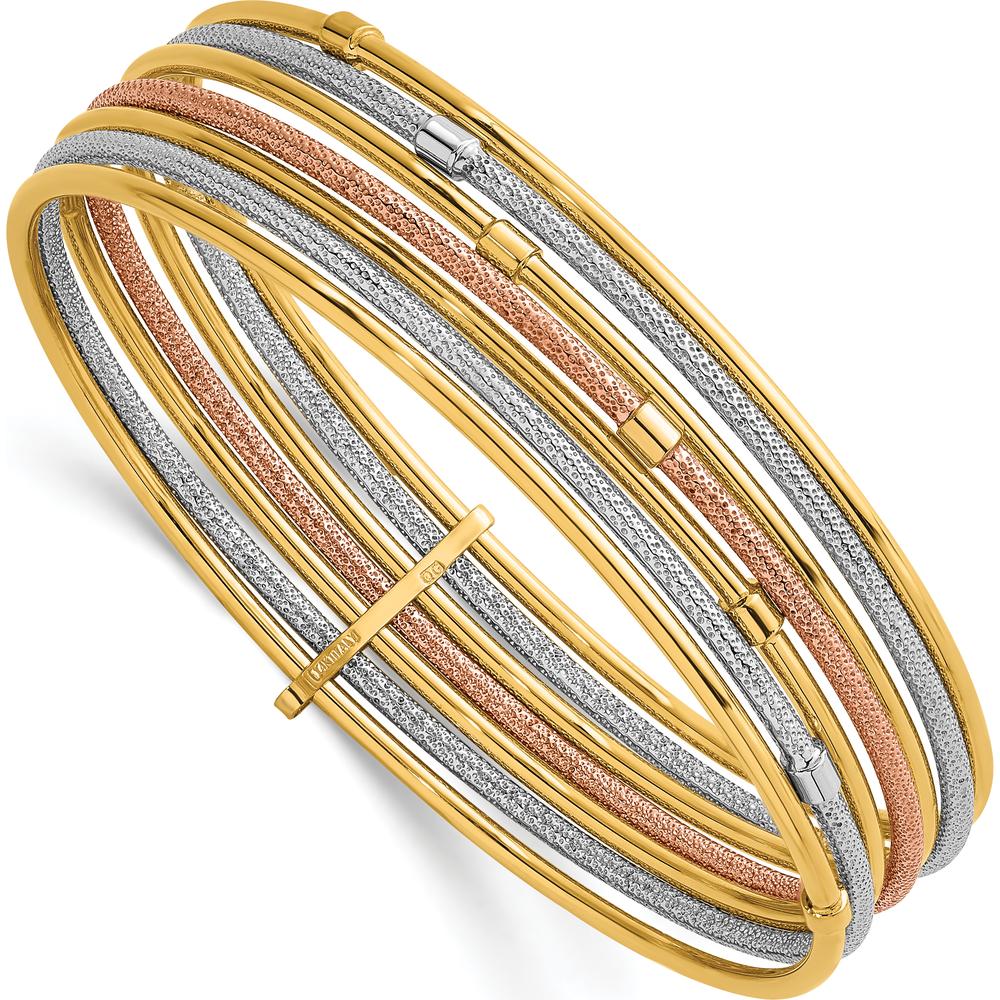 14K Gold Tri-Color 7-Strand Textured Bangle Bracelet with Rhodium and Rose-Tone Accents by Oro Pregiato