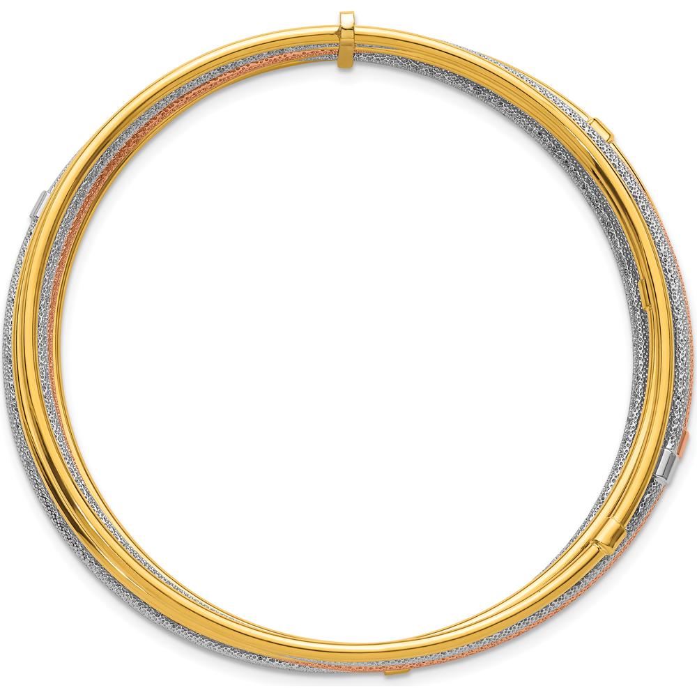 14K Gold Tri-Color 7-Strand Textured Bangle Bracelet with Rhodium and Rose-Tone Accents by Oro Pregiato