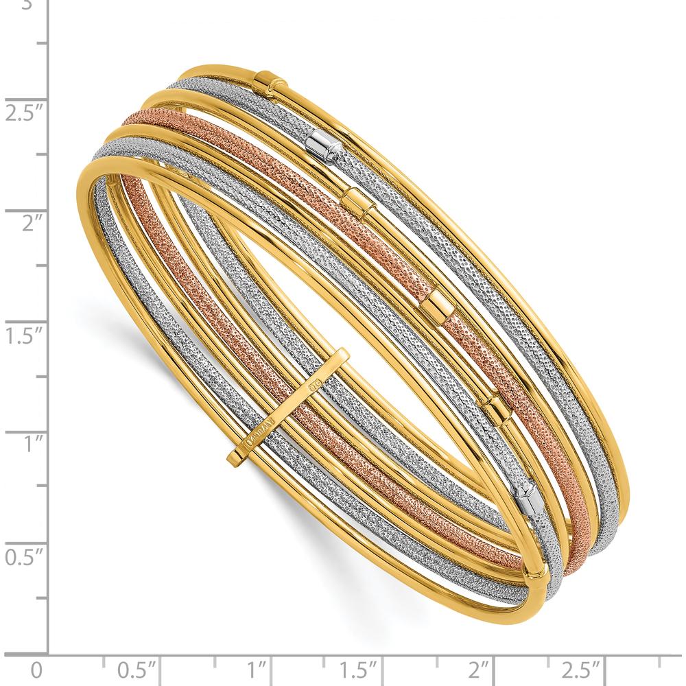 14K Gold Tri-Color 7-Strand Textured Bangle Bracelet with Rhodium and Rose-Tone Accents by Oro Pregiato