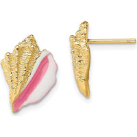 14K Gold White and Pink Enamel Conch Shell Button Earrings - Coastal Inspired Elegance by 0