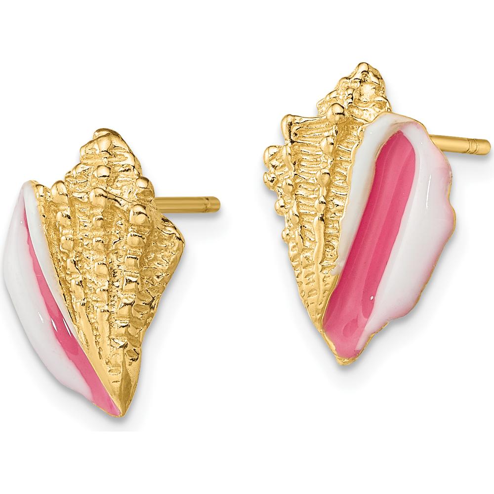 14K Gold White and Pink Enamel Conch Shell Button Earrings - Coastal Inspired Elegance by 0
