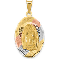 14K Gold with Rose and White Rhodium Diamond-cut Solid Our Lady Of Guadalupe Oval Pendant by Oro Pregiato