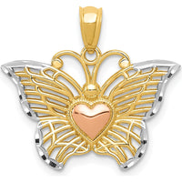 14K Multi-Tone Gold Butterfly Pendant with Heart Accent - 19mm x 21mm by Oro Pregiato