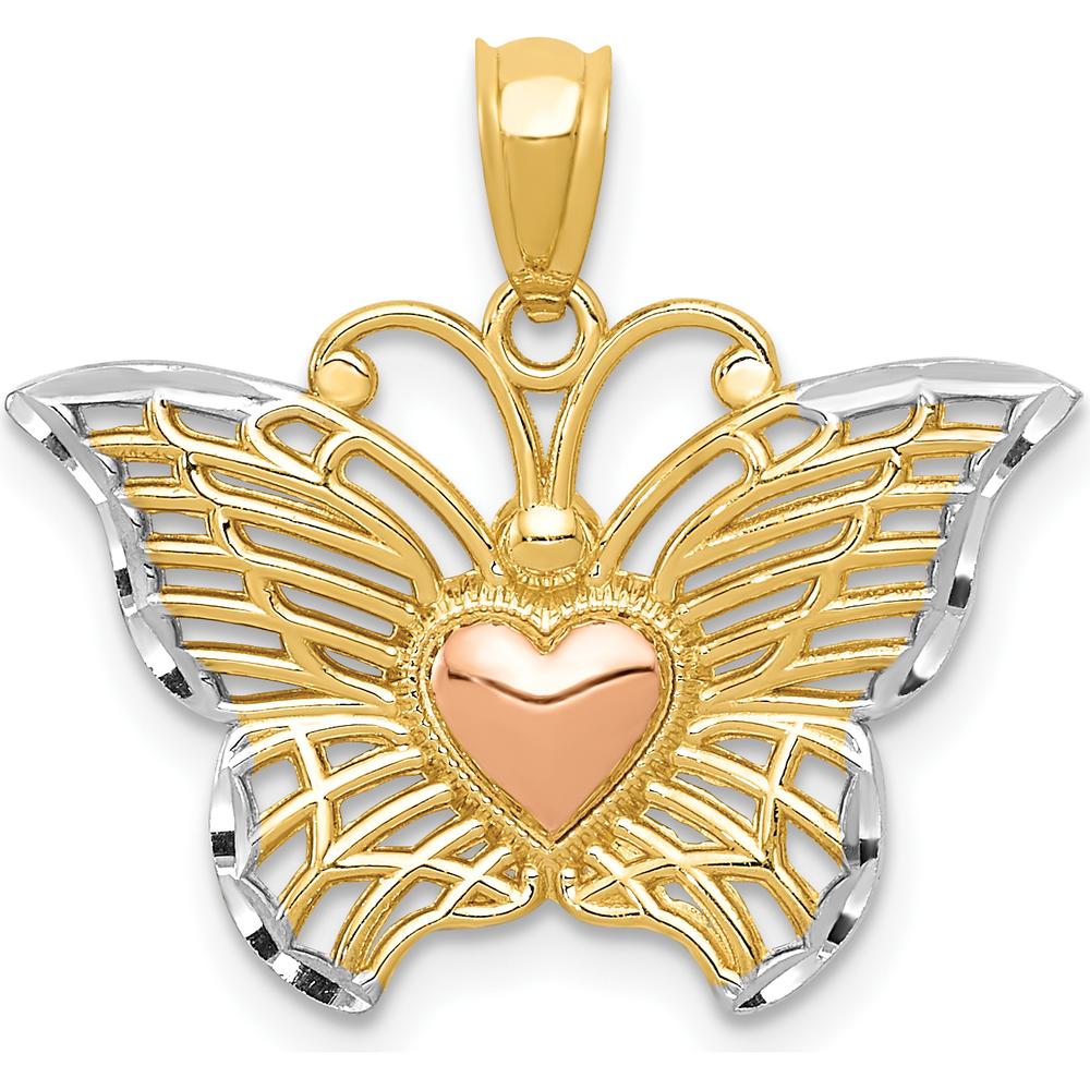 14K Multi-Tone Gold Butterfly Pendant with Heart Accent - 19mm x 21mm by Oro Pregiato